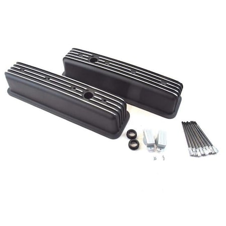 Bous Performance Tall Aluminum Finned Center Bolt Valve Cover with Hole for 1987-Up SBC 305-350, Black E41021BK
